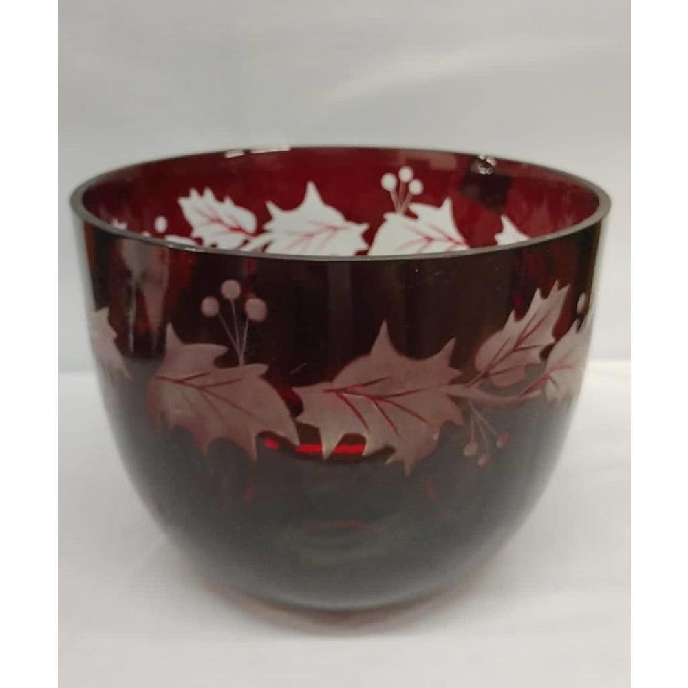 Vintage Ruby Red Glass Bowl W Clear Frosted Holly Design By Teleflora Bowl